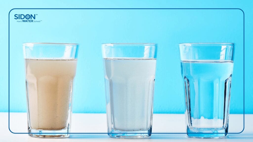 Three glasses of water. One is containing clean water, the second and the third one is containing polluted water.